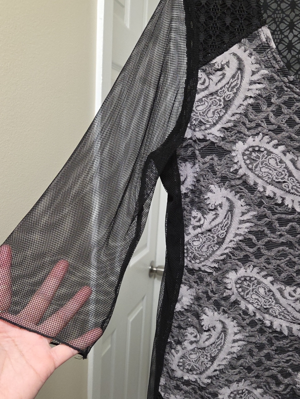 Papa Vancouver Black Gray Paisley Mesh Lace Overlay Tunic Top Fairy Grunge Boho - Picture 5 of 11
